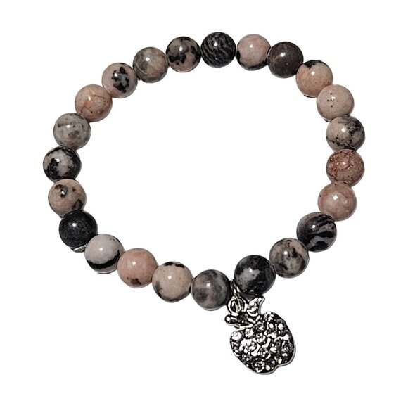 Boho Silver Tone Rhinestone Apple Charm Beaded Stretch Bracelet Stone Beads - Picture 1 of 4
